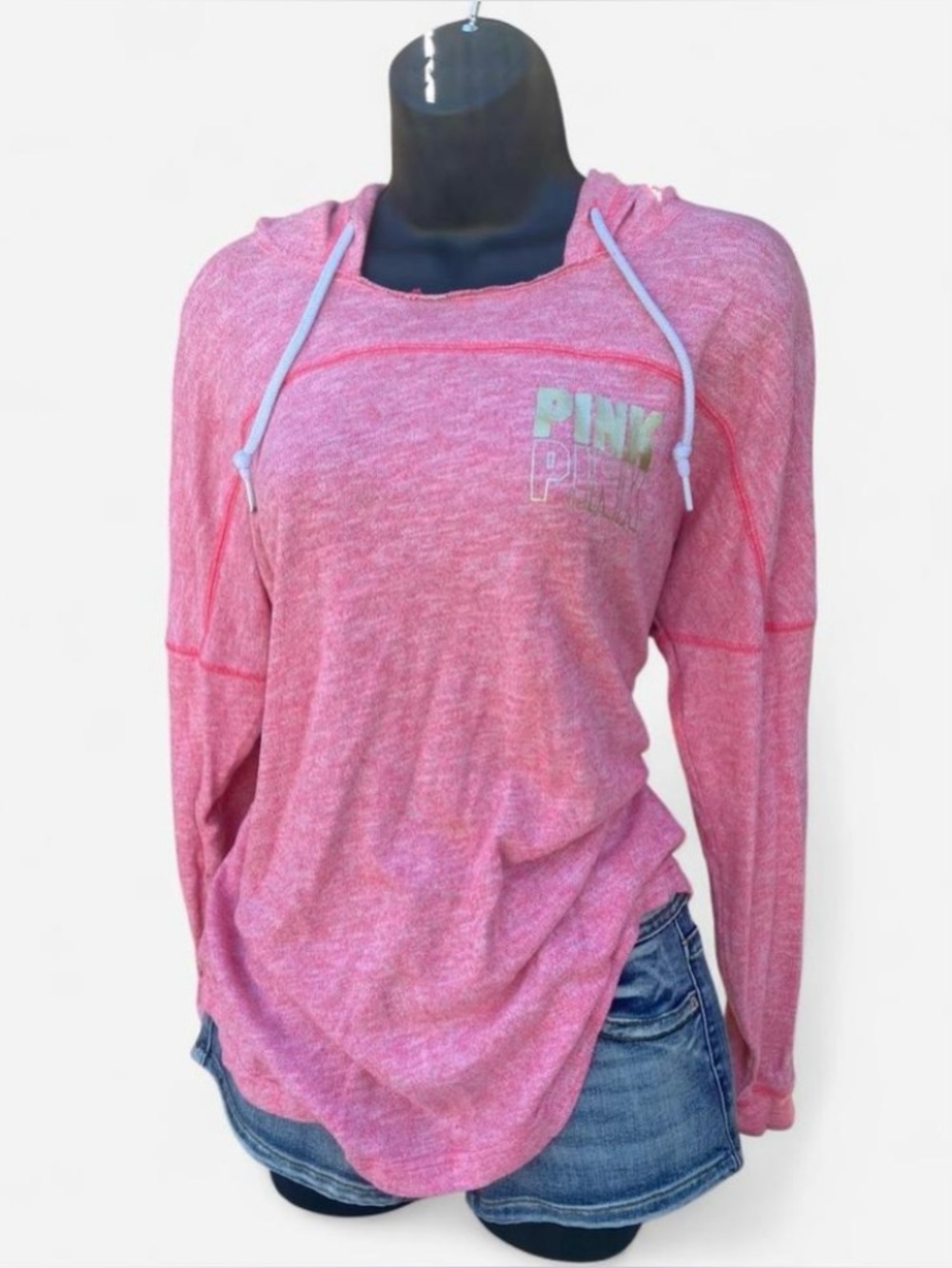 2015 Victoria’s Secret PINK Neon Pink Light-weight Hoodie w Gold & Cut Out Back